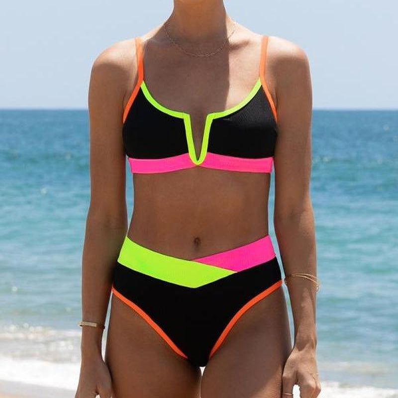 Popvil V-Wire High Waisted Neon Bikini Set,Tummy Control Color Block Swimsuit for Women, Neon Bathing Suit with Adjustable Strap