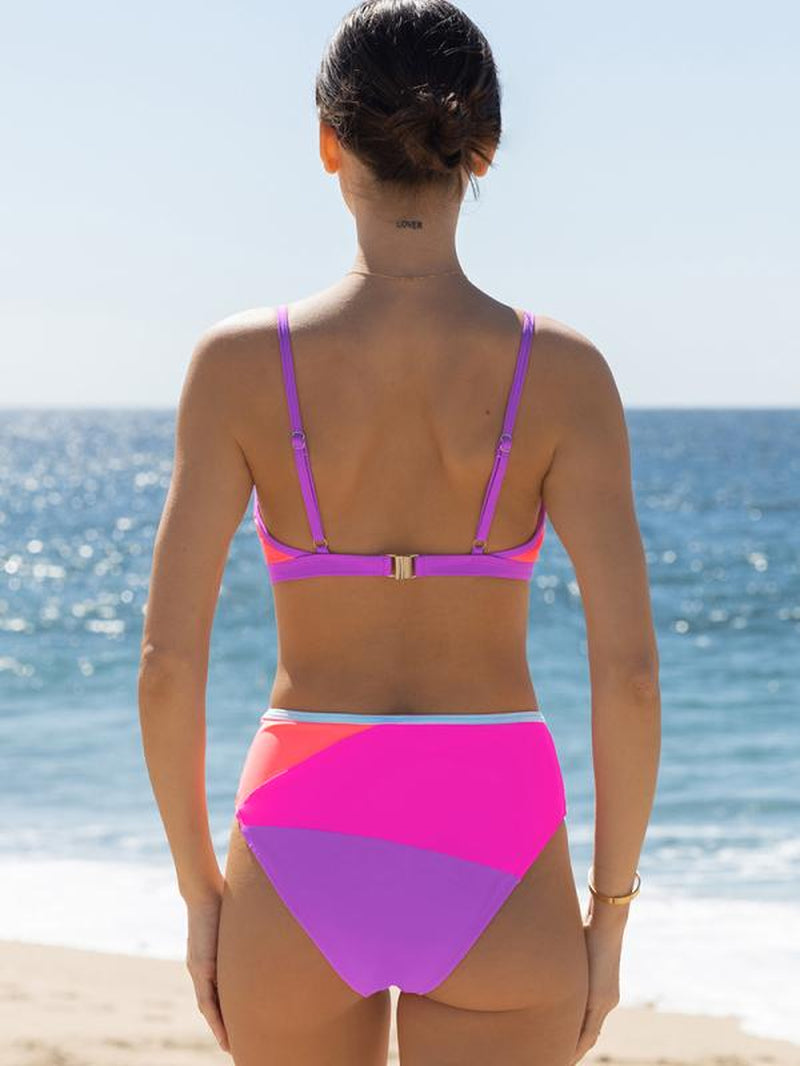 Popvil V-Wire High Waisted Neon Bikini Set,Tummy Control Color Block Swimsuit for Women, Neon Bathing Suit with Adjustable Strap