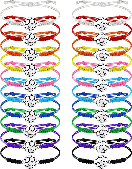 20 Pieces Soccer Charm Bracelets Bulk Soccer Team Gifts Sport Coach Gifts Adjustable Braided Rope Pendant for Women Men Coach Players Souvenir