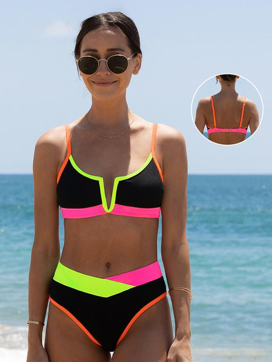 Popvil V-Wire High Waisted Neon Bikini Set,Tummy Control Color Block Swimsuit for Women, Neon Bathing Suit with Adjustable Strap