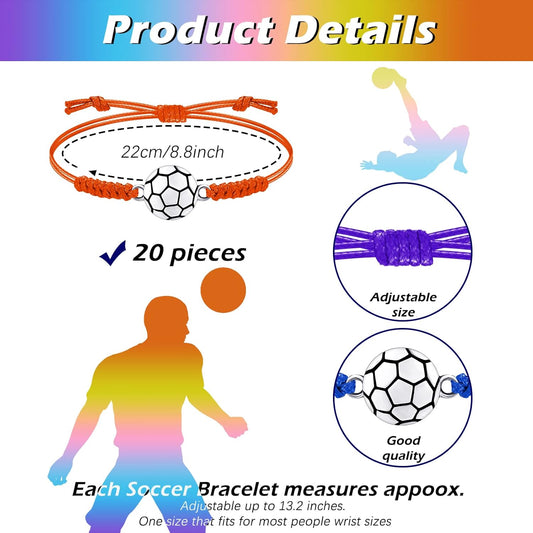 20 Pieces Soccer Charm Bracelets Bulk Soccer Team Gifts Sport Coach Gifts Adjustable Braided Rope Pendant for Women Men Coach Players Souvenir