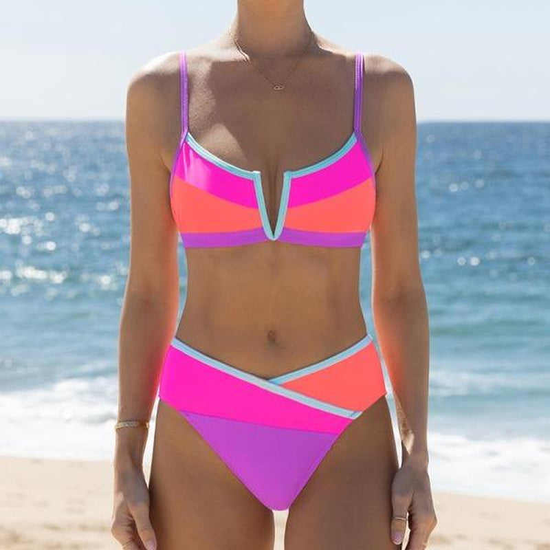 Popvil V-Wire High Waisted Neon Bikini Set,Tummy Control Color Block Swimsuit for Women, Neon Bathing Suit with Adjustable Strap